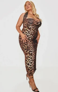 Plus Leopard Print Cowl Neck Maxi Dress