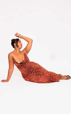 Plus Leopard Print Crinkle Mesh Cowl Neck Midaxi Dress