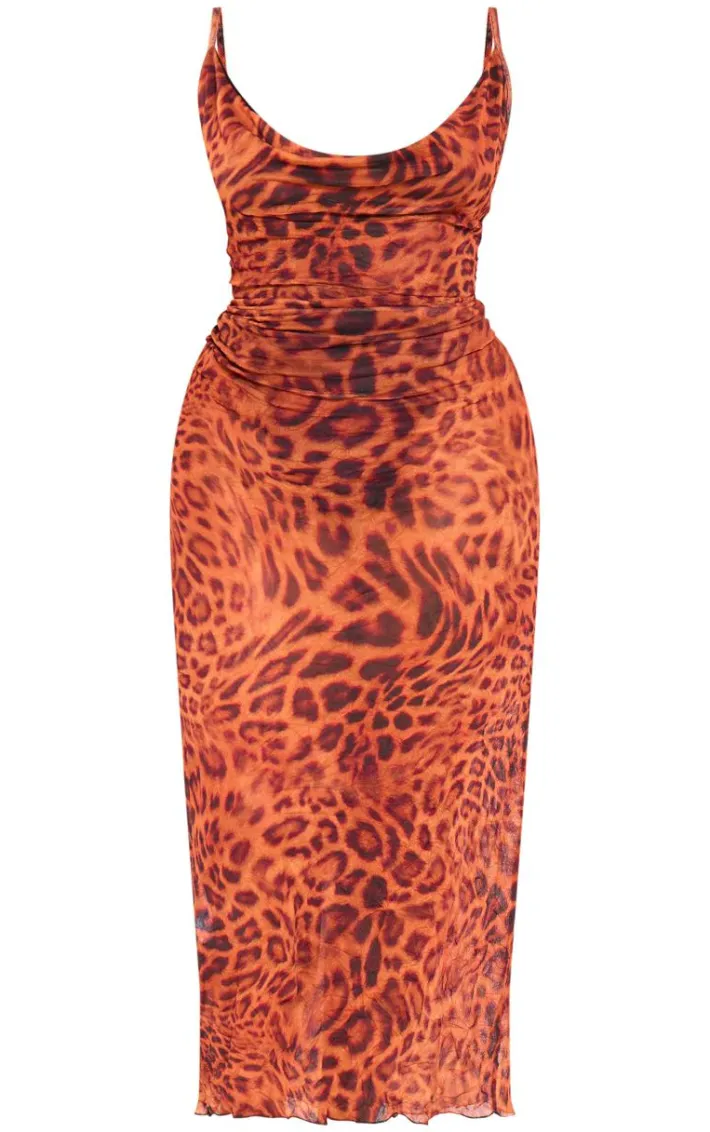 Plus Leopard Print Crinkle Mesh Cowl Neck Midaxi Dress