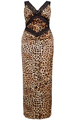 Plus Leopard Print Satin Lace Detail Cut Out Maxi Dress