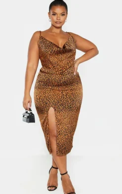 Plus Leopard Print Strappy Satin Cowl Midi Dress