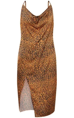 Plus Leopard Print Strappy Satin Cowl Midi Dress