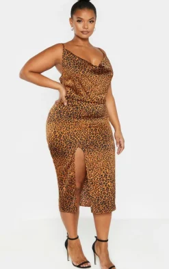 Plus Leopard Print Strappy Satin Cowl Midi Dress