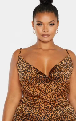 Plus Leopard Print Strappy Satin Cowl Midi Dress