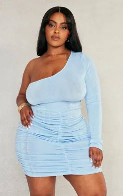 Plus Light Blue Acetate Slinky One Shoulder Bodycon Dress