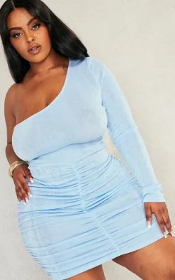 Plus Light Blue Acetate Slinky One Shoulder Bodycon Dress
