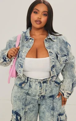 Plus Light Blue Acid Wash Pocket Detail Crop Denim Jacket