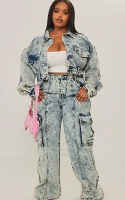 Plus Light Blue Acid Wash Pocket Detail Crop Denim Jacket