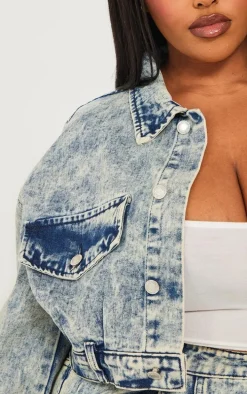Plus Light Blue Acid Wash Pocket Detail Crop Denim Jacket