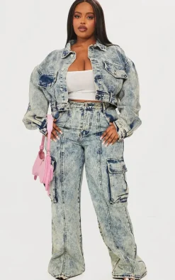 Plus Light Blue Acid Wash Pocket Detail Cargo Wide Leg Jeans