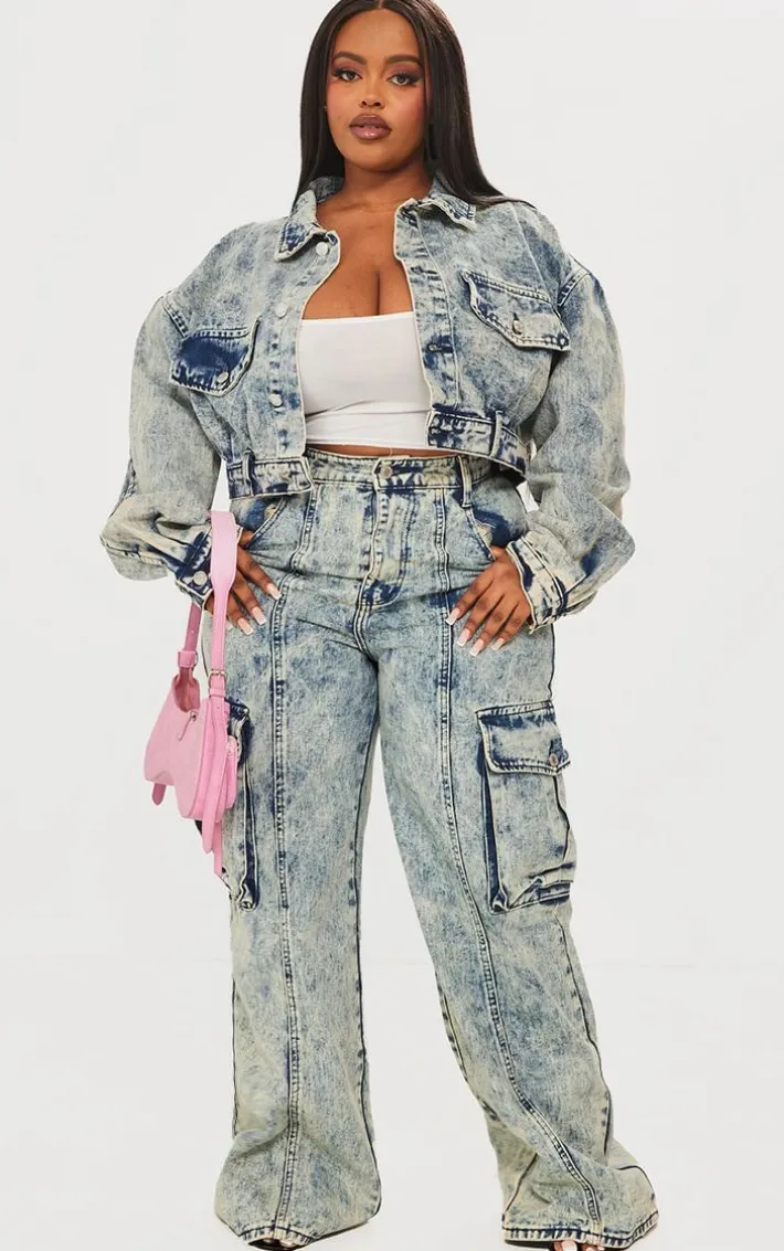 Plus Light Blue Acid Wash Pocket Detail Cargo Wide Leg Jeans