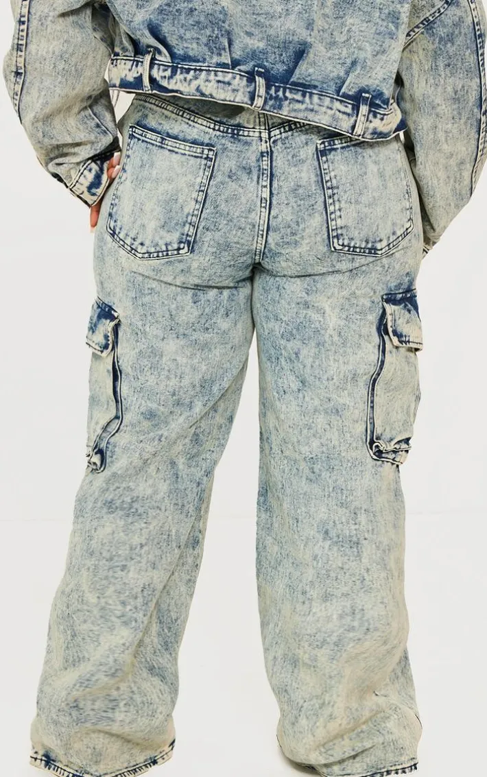 Plus Light Blue Acid Wash Pocket Detail Cargo Wide Leg Jeans