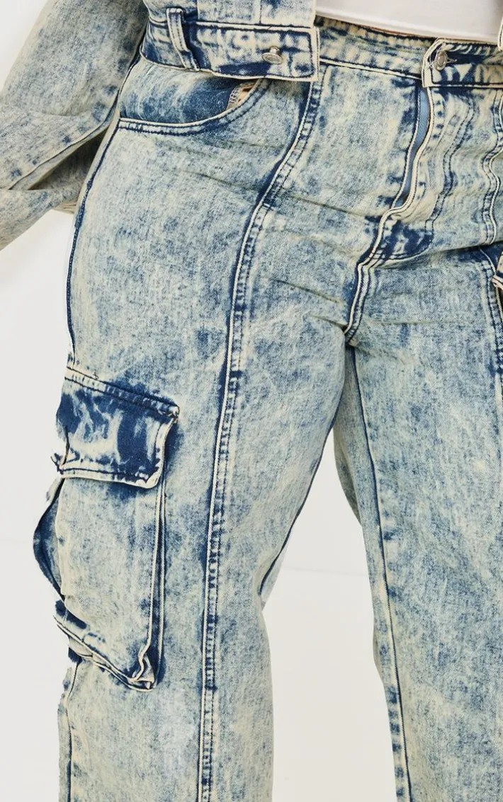 Plus Light Blue Acid Wash Pocket Detail Cargo Wide Leg Jeans