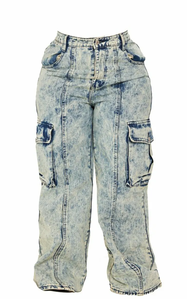 Plus Light Blue Acid Wash Pocket Detail Cargo Wide Leg Jeans