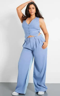 Plus Light Blue Denim Contrast Tailored Wide Leg Pants