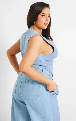 Plus Light Blue Denim Contrast Tailored Vest
