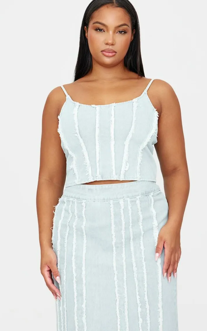 Plus Light Blue Frayed Seam Detail Denim Corset