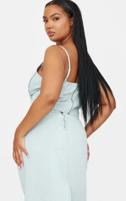 Plus Light Blue Frayed Seam Detail Denim Corset