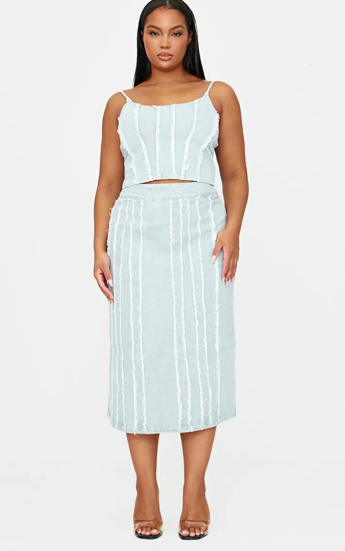 Plus Light Blue Frayed Seam Detail Denim Corset