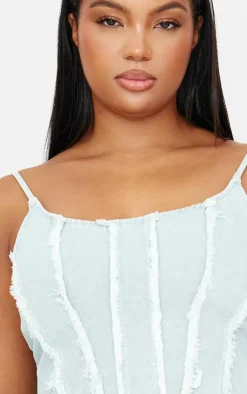 Plus Light Blue Frayed Seam Detail Denim Corset