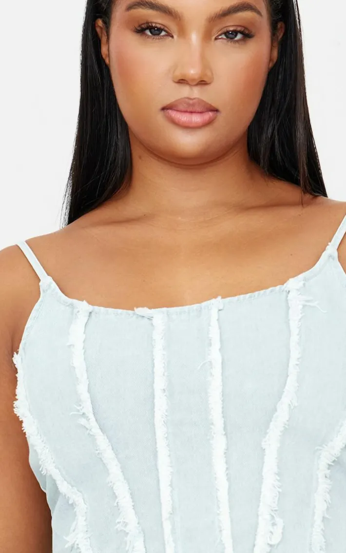 Plus Light Blue Frayed Seam Detail Denim Corset