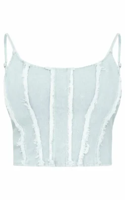 Plus Light Blue Frayed Seam Detail Denim Corset