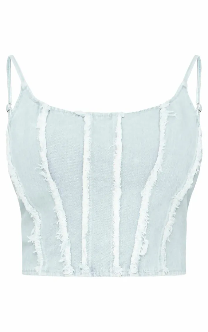 Plus Light Blue Frayed Seam Detail Denim Corset