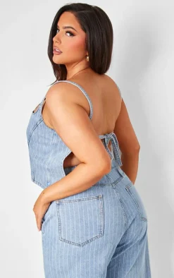 Plus Light Blue Pinstripe Crop Denim Top
