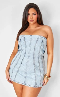Plus Light Blue Seam Fold Over Bust Detail Denim Dress