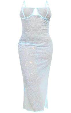 Plus Light Blue Sheer Sequin Underwired Strappy Midi Dress