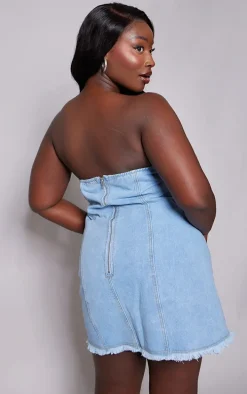 Plus Light Blue Wash Asymmetric Zip Detail Denim Mini Dress