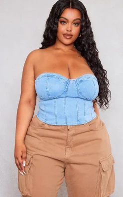Plus Light Blue Wash Bandeau Denim Corset