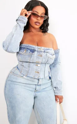 Plus Light Blue Wash Button Up Bardot Denim Corset