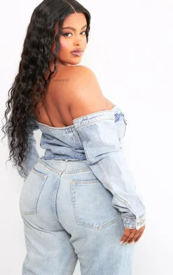 Plus Light Blue Wash Button Up Bardot Denim Corset