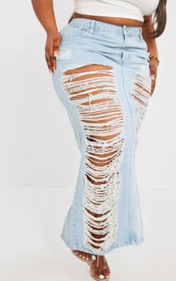 Plus Light Blue Wash Extreme Fraying Detail Denim Maxi Skirt