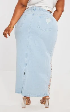 Plus Light Blue Wash Extreme Fraying Detail Denim Maxi Skirt
