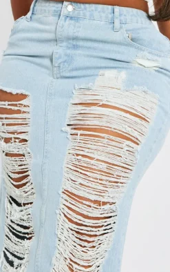 Plus Light Blue Wash Extreme Fraying Detail Denim Maxi Skirt
