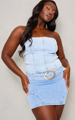 Plus Light Blue Wash Oversized Buckle Detail Belted Mini Skirt