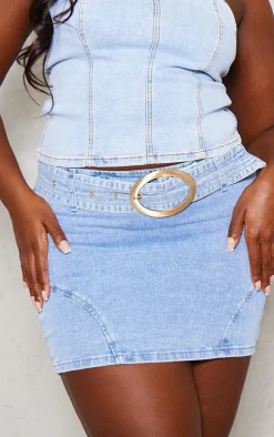 Plus Light Blue Wash Oversized Buckle Detail Belted Mini Skirt