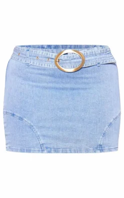 Plus Light Blue Wash Oversized Buckle Detail Belted Mini Skirt