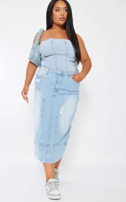 Plus Light Blue Wash Seam Detail Stretch Denim Corset