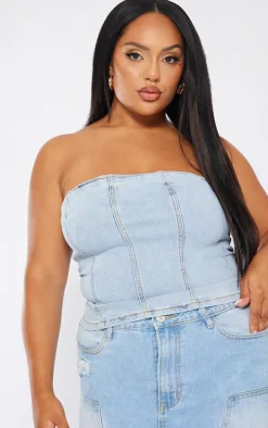 Plus Light Blue Wash Seam Detail Stretch Denim Corset