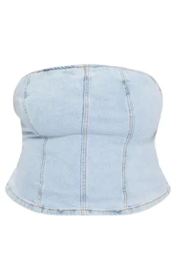 Plus Light Blue Wash Seam Detail Stretch Denim Corset