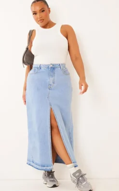 Plus Light Blue Wash Split Front Denim Maxi Skirt
