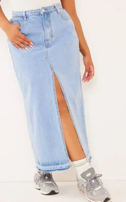 Plus Light Blue Wash Split Front Denim Maxi Skirt