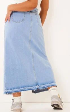 Plus Light Blue Wash Split Front Denim Maxi Skirt