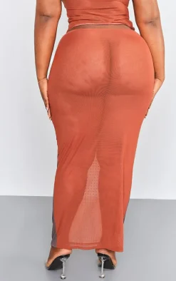 Plus Light Brown Printed Mesh Diamante Hot Fix Low Rise Maxi Skirt