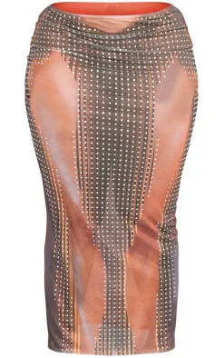 Plus Light Brown Printed Mesh Diamante Hot Fix Low Rise Maxi Skirt