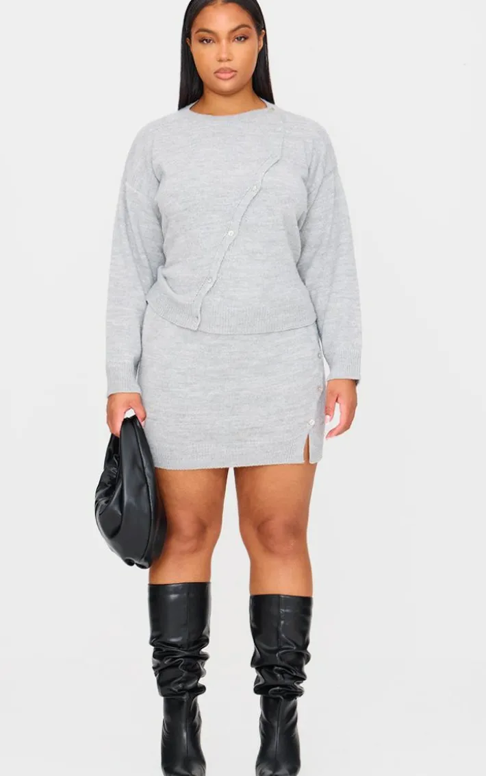 Plus Light Grey Asymmetric Fluffy Yarn Mini Skirt