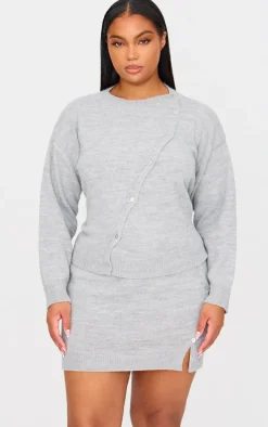 Plus Light Grey Asymmetric Fluffy Yarn Mini Skirt